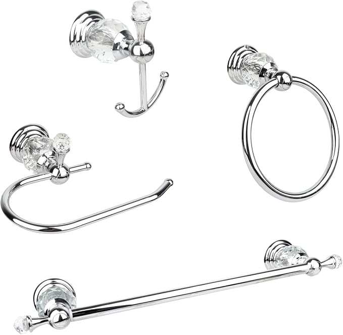 Chrome Crystal Bathroom Hardware Adjustable 24 Inch Towel Bar Set Toilet Paper Holder Towel Ring Coat Hooks Bathroom Accessories 4 Pieces Wall Mounted