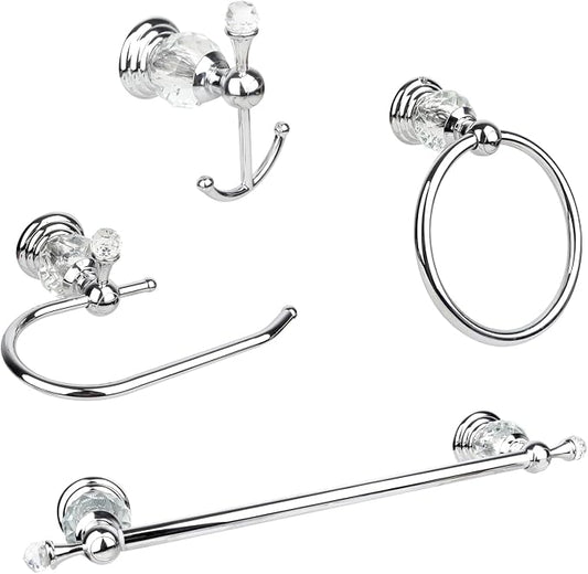 Chrome Crystal Bathroom Hardware Adjustable 24 Inch Towel Bar Set Toilet Paper Holder Towel Ring Coat Hooks Bathroom Accessories 4 Pieces Wall Mounted