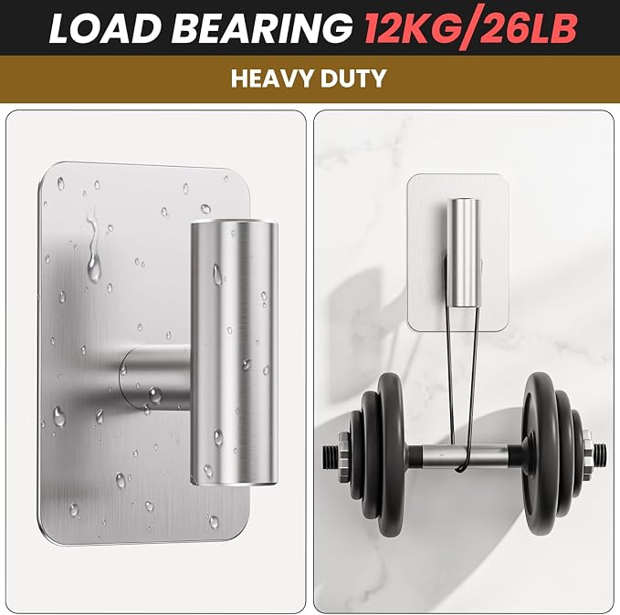 Heavy Duty Adhesive Hooks - 26lb Max, Sticky Wall Hooks Waterproof Stainless Steel for Hanging Towel, Coat, Robe, Towel Hooks Stick on Bathroom, Kitchen, Shower, Door (Silver, 2 Pack)