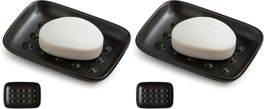 Miamolo Soap Dish, Ceramic Soap Holder Shower Soap Dish for Bar Soap Sponge, Soap Saver Tray for Bathroom Kitchen Sink, Black (Pack of 2)
