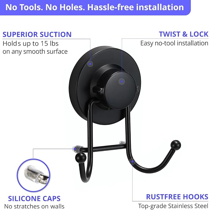 HOME SO Suction Cup Hooks for Shower & Bathroom Towel Holder 2-Pack – Suction Cups Hooks for Hanging Towels, Robes, & Coats - Tiles, Glass Door or Mirror – Shower and Towel Hooks - Black, Stainless