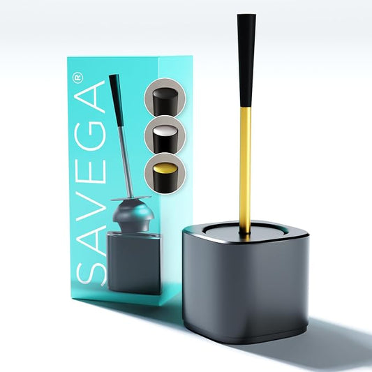 Heavy-Duty Toilet Plunger with Holder for Bathroom – Gold | Durable toilet plunger with a discreet plastic caddy and sturdy steel handle in gold. Freestanding design