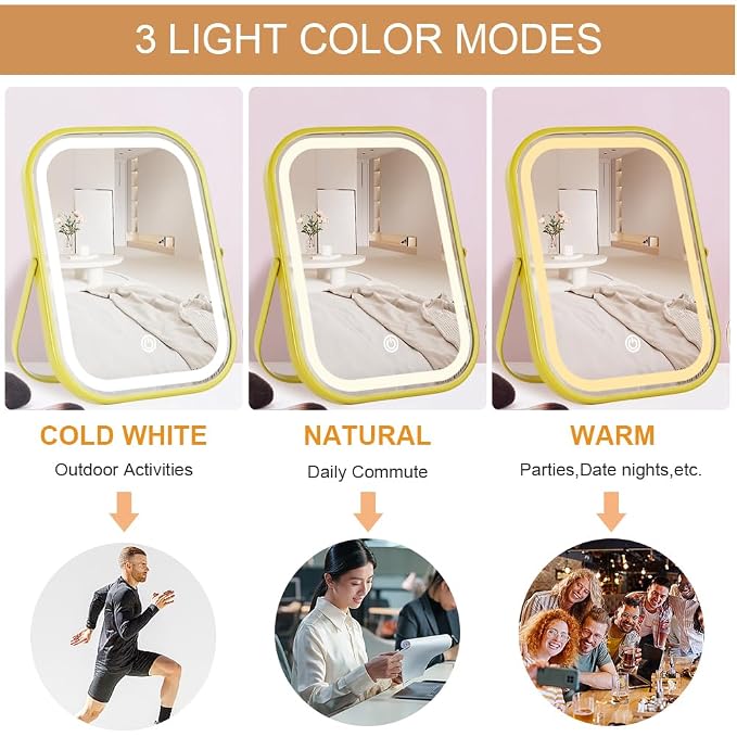 YEKKOPT Rechargeable Vanity Mirror with Lights, Lighted Makeup Mirror with Lights,Smart Touch Control Dimmable 3 Modes Light