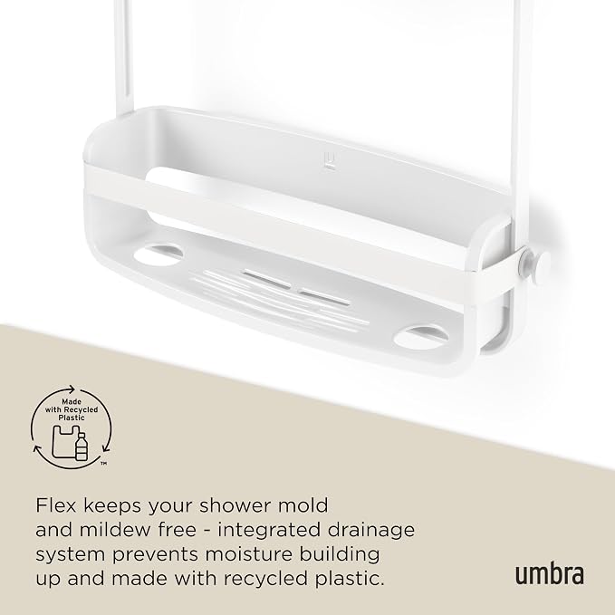 Umbra Flex Shower Caddy, Hanging 2 Shelves Bathroom Organizer, White | Flexible silicone bands, drainage system, mold resistant, bottle collars, overhead mount