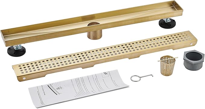 AVSIILE Linear Shower Floor Drain, Brushed Gold 60 Inch 304 Stainless Steel Bathroom Drains Kit, Long Rectangular Shower Trench Drain with Square Pattern Drain Cover & Hair Catcher