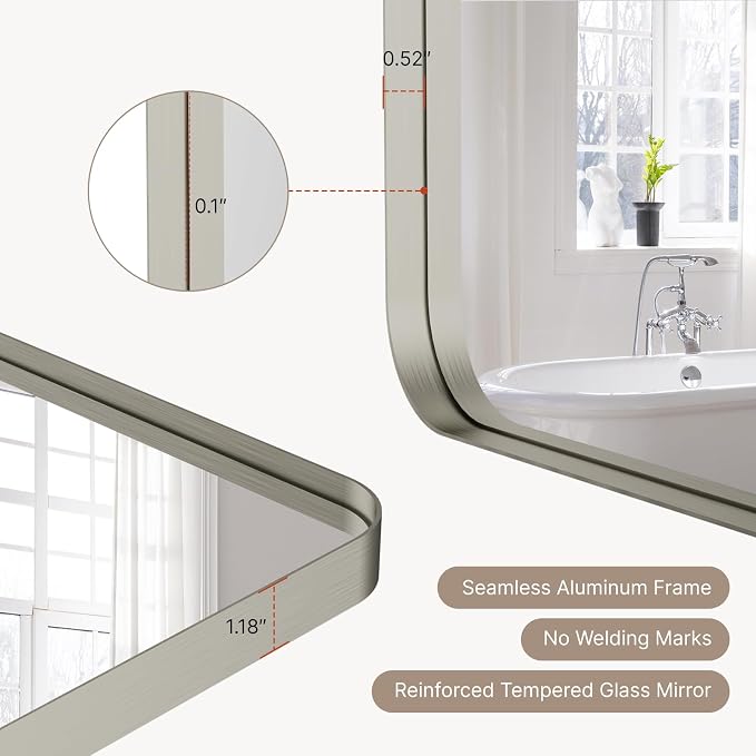 36"x36" Bathroom Vanity Mirror for Wall Aluminum Framed Farmhouse Rectangle | Anti-Rust, HD Reflection Anti-Desilvering, Distortion Free, Tempered and Shatter-Proof Wall Mounted Mirror, Brushed Nickel