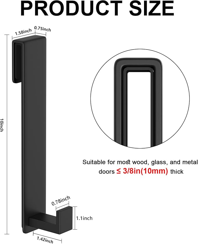 PMMASTO 10 Inch Extended Shower Door Hooks for Frameless Glass Bathroom, Stainless Steel Heavy Duty Over Door Towel and Robe Hanger (Black, Fits 3/8" Thick Door- L Shape)