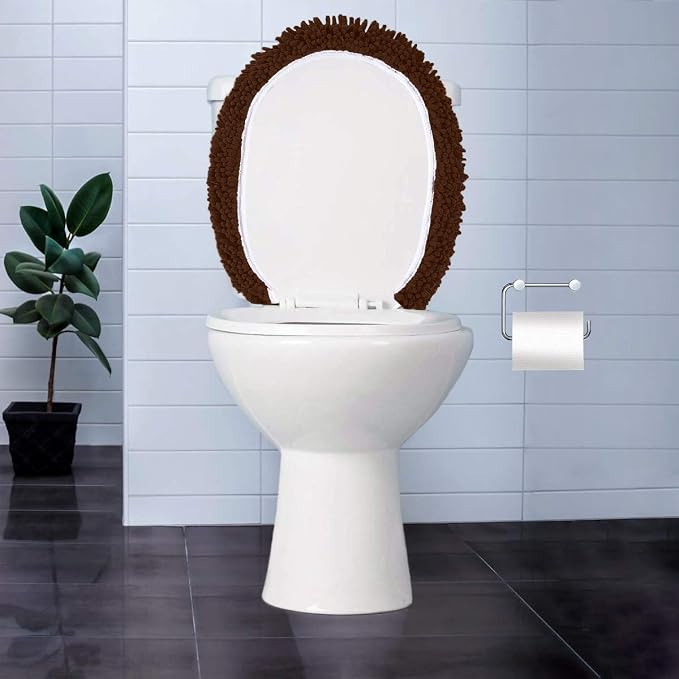 LuxUrux Toilet Lid Cover, Extra-Soft Plush Seat Washable Shaggy Microfiber Standard Toilet Lid Covers for Bathroom Machine Wash & Dry. (18x18 inches, Brown)