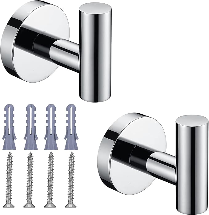 Polished Chrome Towel Coat Hooks SUS304 Stainless Steel Bathroom Clothes Garage Hotel Cabinet Closet Sponges Robe Hook Wall Mounted Round Kitchen Heavy Duty Bath Door Hanger 2 Pack