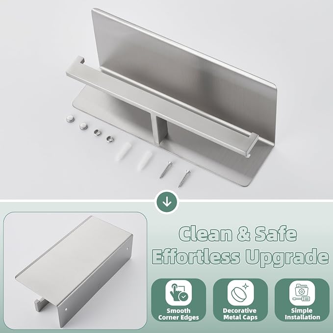 APLusee Double Toilet Paper Holder with Shelf, 304 Stainless Steel Brushed Nickel Bathroom Tissue Holder, Commercial Paper Roll Dispenser Wall Mounted