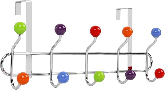 Over the Door Hooks Rack Multi Color Ceramic Hanger | Decorative, Kids Room, Stainless Steel Organizer for Hanging, Colorful Door Hanger Towel Rack (10 Hooks)