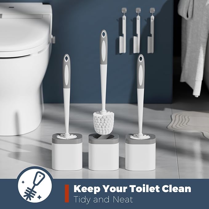 Holaloha Toilet Brush and Holder Set, Space Saving, 3 Pack, White | Bathroom Accessories, Ergonomic Silicone Handle, Dense Bristles, Deep Cleaning, with 3 Crevice Brushes, Compact Design