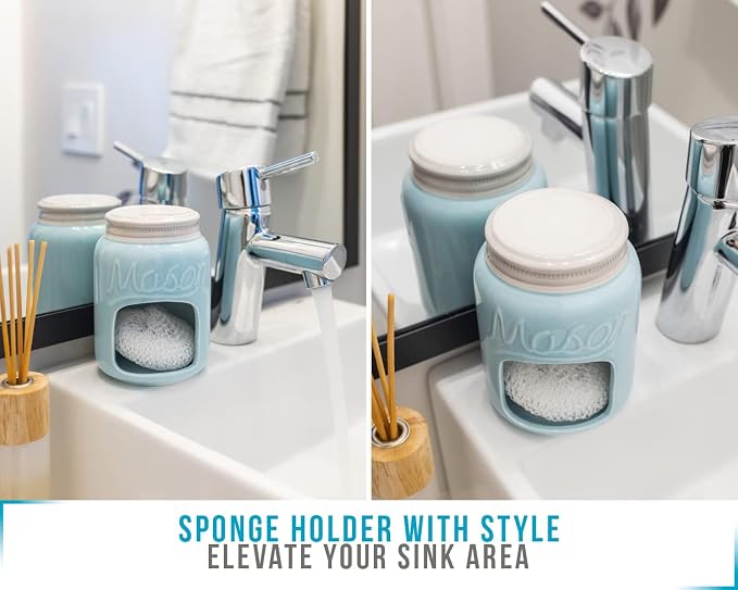 Comfify Aqua Blue Mason Jar Ceramic Sponge Holder – Farmhouse Sink Caddy | Aqua Blue; mason jar ceramic; 5"H x 3.75" diameter; includes nylon scrubby; embossed 'MASON'; decorative lid; farmhouse