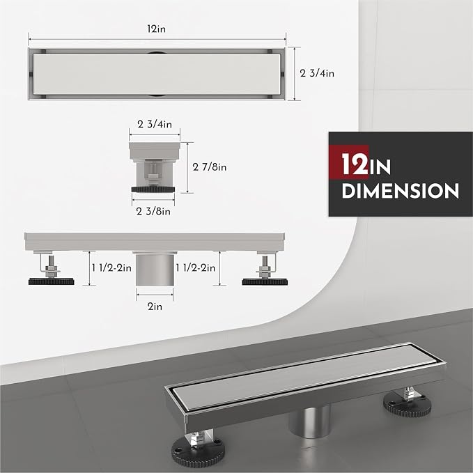WEBANG 12 Inch Linear Shower Drain Rectangular Floor Drain with Accessories Reversible 2-in-1 Cover Tile Insert Grate Removable SUS304 Stainless Steel CUPC Certified Brushed