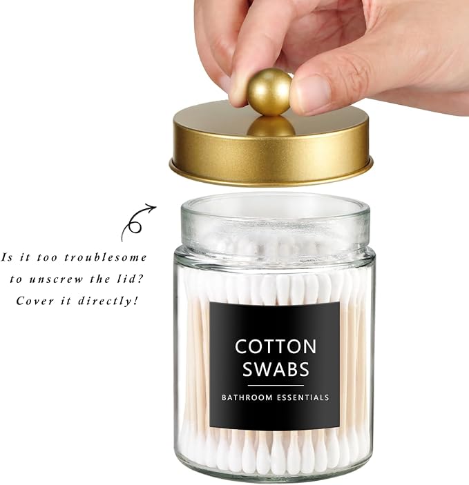 SheeChung 3 Pack Glass Qtip Holder with Gold Stainless Steel Lids | Apothecary Jars with Stickers, Countertop Canister Guest Bathroom Storage Organizer Set for Cotton Swabs/Balls, Floss Picks
