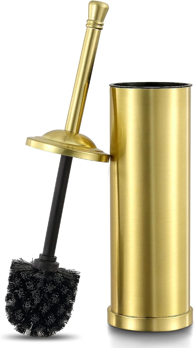 Stainless Steel Toilet Brush and Holder Set,Extra Long Handled Toilet Brush for Bathroom,Heavy Duty Toilet Bowl Brush,Modern Toilet Cleaner Brush, Splash Protection,Deep Cleaning (Gold)
