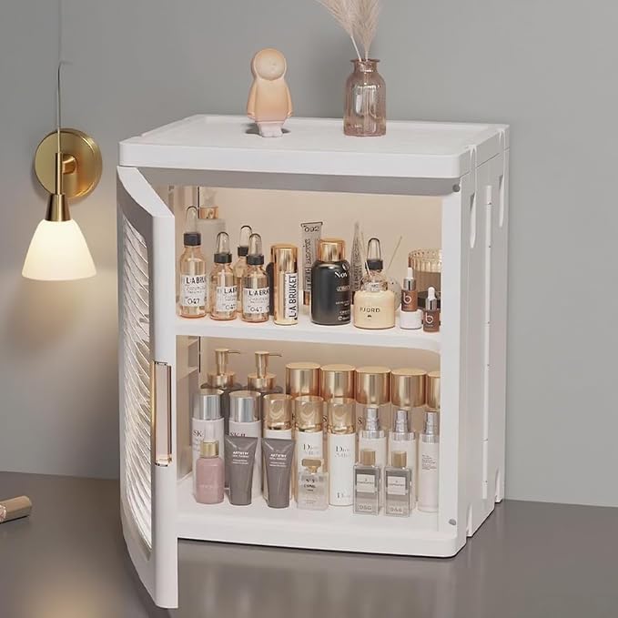 Mini Countertop Storage Cabinet with Clear Doors and Adjustable Shelf Bathroom Organizers and Storage Toilet Paper Storage for Pantry Kitchen Living Room, White