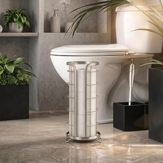 BROOKSTONE Toilet Paper Holder Stand Reserve - Free Standing Toilet Paper Stand with Storage that Holds Mega Rolls, Standing Bathroom Tissue Organizer, Bathroom Decor - Modern Storage Holder, Nickel