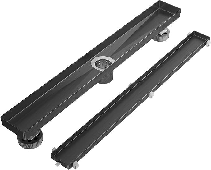 EXF Linear Shower Drain 24 Inch Brushed Shiny Black with Tileable Grate, Stainless Steel Rectangle Shower Floor Drain with Hair Catcher, Adjustable Feet