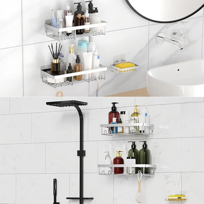Moforoco 3-Pack Shower Caddy Basket Shelf with Soap Holder, No Drilling Traceless Adhesive Shower Wall Shelves, Rustproof Black Bathroom Shower Storage Organizer