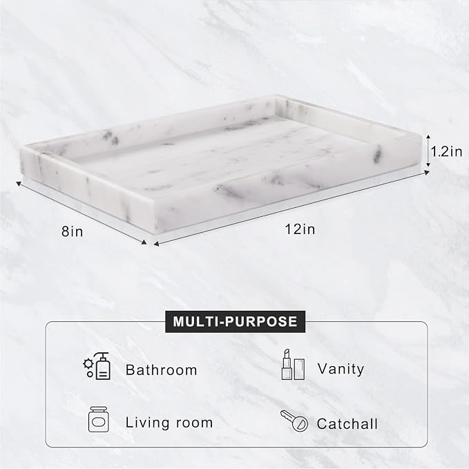Bathroom Tray for Countertop, Marble Perfume Tray for Dresser Organizer, Marble Tray for Bathroom Counter & Home Decor, Natural Decorative Stone Vanity Trays, 12" x 8", Starry White