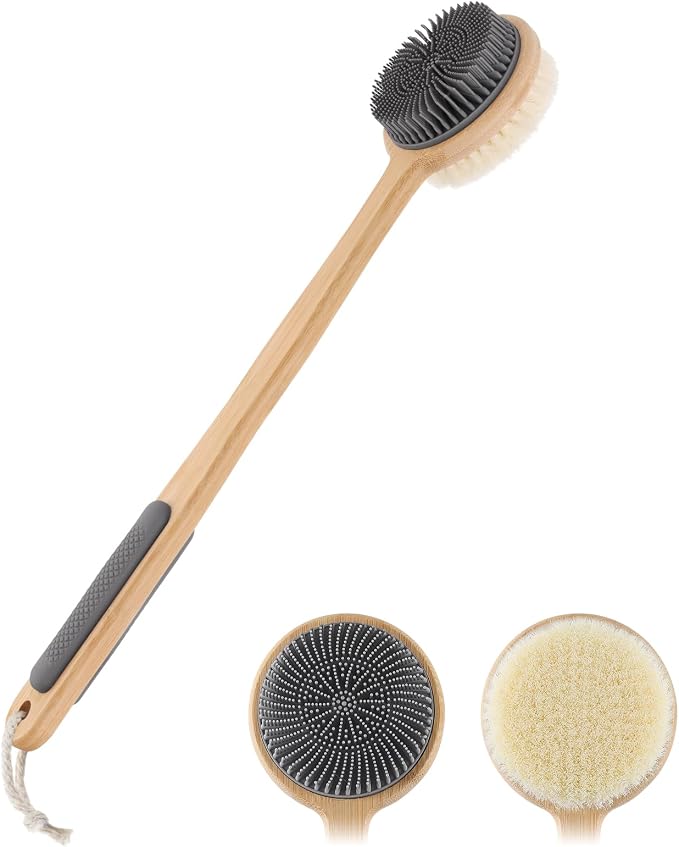 Kalolary Silicone Double-Sided Body Brush with Long Handle, Back Scrubber for Shower Super-Dense Bristles for Deep Cleaning and Massage, Wider Anti-Slip Grip Exfoliator for Wet or Dry Use