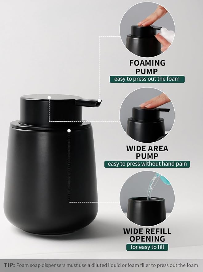 Bosilunlife Soap and Toothbrush Holder Set - Ceramic Bathroom Accessories Set Black Foaming Hand Soap Dispenser Set Bathroom Counter Toothbrush Holder and Soap Dispenser Set