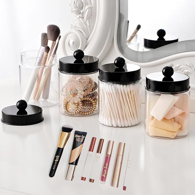 Amolliar Acrylic Apothecary Jar Bathroom Qtip Holder Black 4 Pack | for Bathroom Storage Vanity , Countertop, Farmhouse Style, Holds Cotton Swabs, Dental Floss, Makeup Sponges,Home Decor