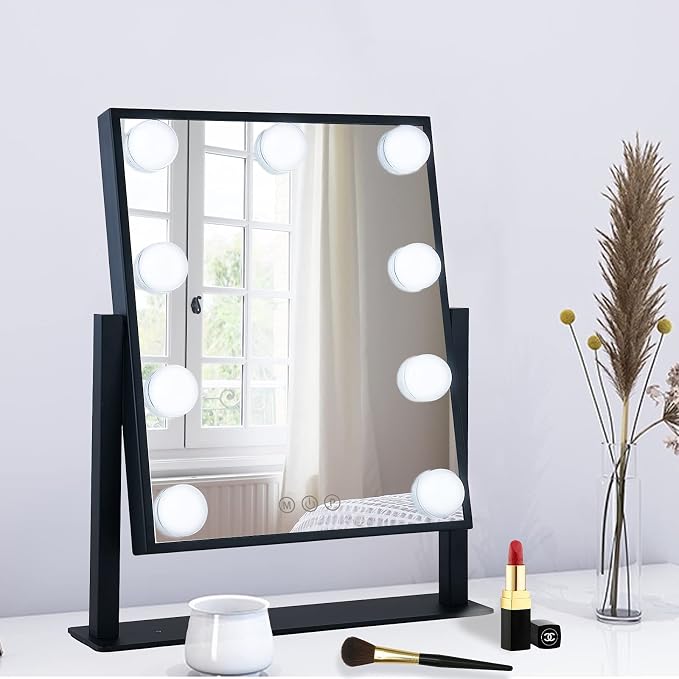 BWLLNI Vanity Mirror with Lights, Black Makeup Mirror with 9 LED Bulbs | Hollywood Mirror Touch Control Design 3 Colors Dimmable Bulbs Detachable 10X Magnification 360°Rotation