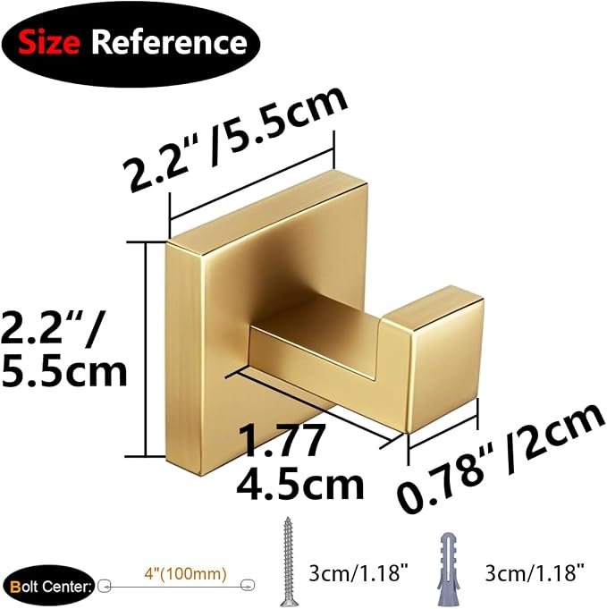 Nolimas Towel Hook Stainless Steel Bathroom Rustproof Clothes Towel Coat Hook Wall Mounted Square Toilet Kitchen, Heavy Duty Door Hanger, 4 Pack, Brushed Gold
