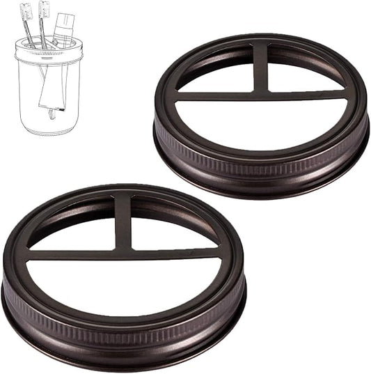 [Wide Mouth ONLY] SheeChung 2 Pack Mason Jar Toothbrush Holder Lid - Rustproof 304 Stainless Steel for Ball Mason Jar or Any Pint. Jar, Farmhouse Decor Bathroom Accessories Set - Bronze