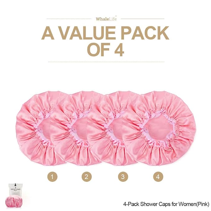 Shower Caps Satin Lined Waterproof for Women Men - 4Pc Pink | Double Layer 100 Percent Dry Jumbo Oversized Fits Thick Hair Smooth Lining Prevents Hair Frizz Snug Elastic Band No Pressure