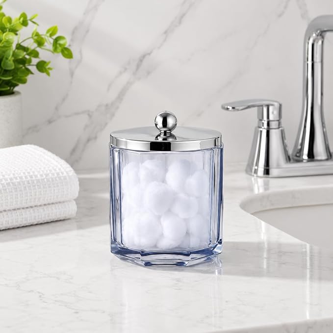 Light Blue Translucent Apothecary Octagional Shaped Glass Canister Jar With Metal Lid Cover for Bathroom Organization, Cotton Balls, Q Tips, and Small Accessories, Bathroom Storage