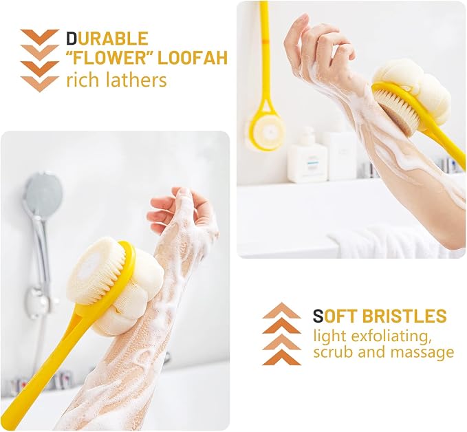 Shower Body Brush,Soft Bristles & Loofah Back Scrubber Bath Mesh Sponge | Beautiful Pumpkin Shape Loofah Long Handle Shower Brush for Skin Exfoliating,Massage Bristles for Wet,Dry,Men and Women(Grey)