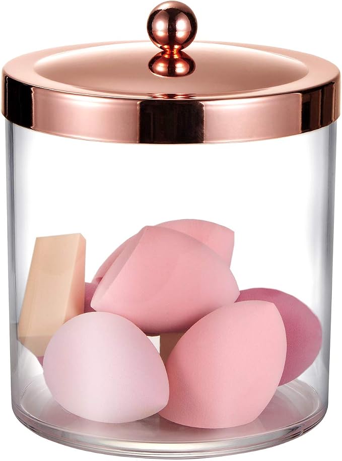 SheeChung 50oz Large Apothecary Jar with Rose Gold Rust-Proof Lid - Shatterproof Plastic Laundry Pods Container - Chic Rose Gold Bathroom & Vanity Storage Organizer for Scent Beads, Salts