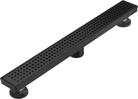 AVSIILE Linear Shower Floor Drain, Matte Black 24 Inch 304 Stainless Steel Bathroom Drains Kit, Long Rectangular Shower Trench Drain with Square Pattern Drain Cover & Hair Catcher
