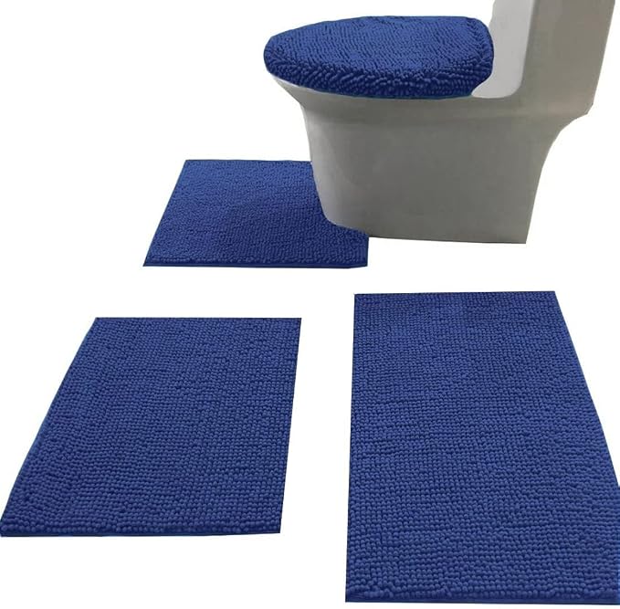 Madeals Bath Rug Set Combo 4 Piece with Toilet Lid Cover, Soft Shaggy Bath Rug Set 3 Piece and U-Shaped Toilet Floor Rug Navy Blue