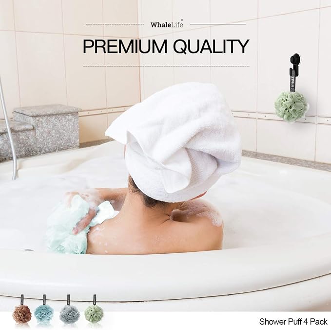 Loofah Sponge Bath Sponge for Women Men 4 Pack (Borwn Blue Gray Green) | 10X Suds Save Body Wash Double Knotted Anti Tear Core Fast Dry Cotton Loop Stay Fresh Large Mesh for Sensitive Skin