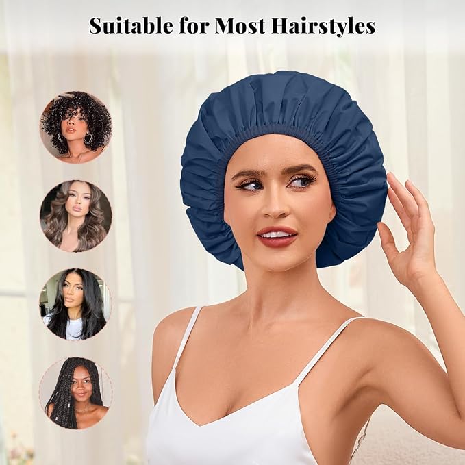 3 Pack Shower Cap for Women Reusable Waterproof, Bath Cap for Long Hair, Comfortable Shower Hat for Home and Travel