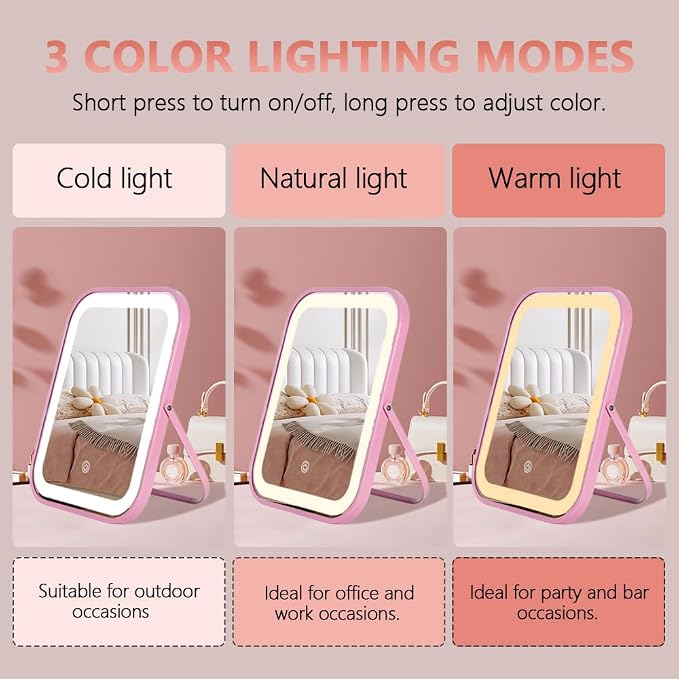 YEKKOPT Pink Rechargeable Vanity Mirror with Lights, LED Makeup Mirror, 10"×8" Lighted Makeup Mirror with Lights, Smart Touch Control Dimmable 3 Modes Light, Lighted Up Mirror for Makeup Desk, Bedroom