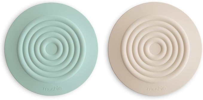 mushie Silicone Drain Stopper 2-Pack | 5.5 inch Diameter Bathtub Flat Suction Cover (Cambridge Blue/Shifting Sand)