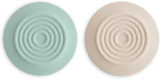 mushie Silicone Drain Stopper 2-Pack | 5.5 inch Diameter Bathtub Flat Suction Cover (Cambridge Blue/Shifting Sand)