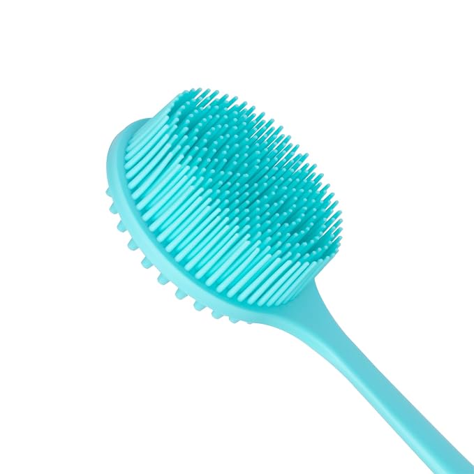 DNC Silicone Back Scrubber for Shower, Soft Bath Body Brush with Long Handle (Blue)