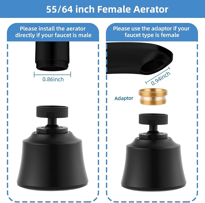 Hygie Rinse Kitchen Sink Faucet Head Replacement, 4 Spray Faucet Sprayer Attachment with Big Angle Swivel, 55/64-27UNS Famale Thread, Male Thread Adapter Included, Matteblack