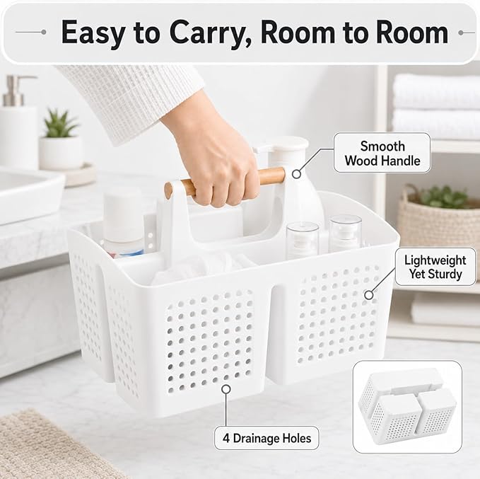 Portable Shower Caddy Basket with Wood Handle, 3-Compartment Bathroom Organizer Tote with Drain Holes, Plastic Shower Basket for Dorm, Toiletries, Cleaning Supplies, White