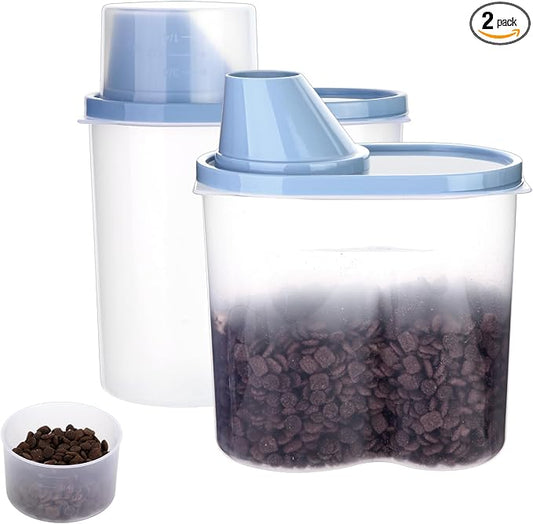 2 Pack 2lb/2.5L Pet Food Storage Container with Measuring Cup, Can Covers and Bowl for Small Dog, Cat, Waterproof-BPA Free (Blue 1.8L)