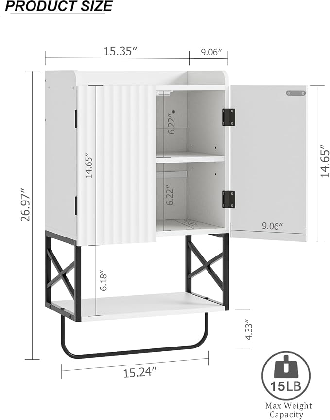 Masupu Bathroom Cabinet Wall Mounted, Wooden Medicine Cupboard with Adjustable Shelves, Space-Saving Wall Storage Unit for Bathroom, Kitchen and Living Room (9" D x 15.35" W x 27.16" H,Modern White)