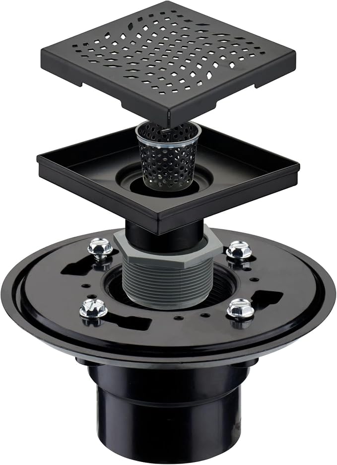 Matte Black Shower Drain with Flange, HIDROP SUS 304 Stainless Steel 4 inch Square Shower Floor Drain with Removable Hair Strainer