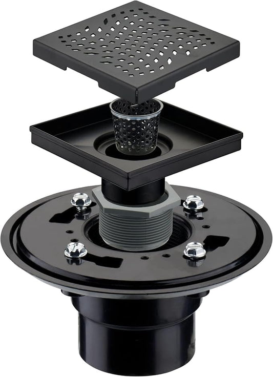 Matte Black Shower Drain with Flange, HIDROP SUS 304 Stainless Steel 4 inch Square Shower Floor Drain with Removable Hair Strainer