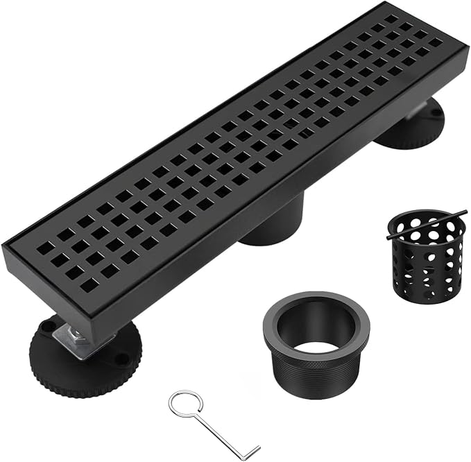 12 Inch Linear Shower Drain with Accessories, Rectangular Floor Drain 304 Stainless Steel Quadrato Pattern Removable Cover Matte Black